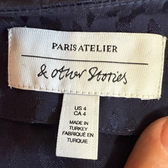 & other stories Navy Blue jacquard animal print satin Wrap Peplum blouse Sz 4 - Picture 7 of 13